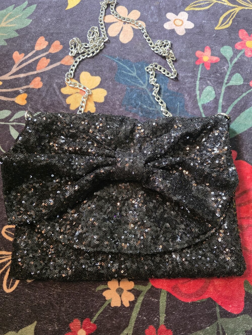 torrid Black Sequin Bow Crossbody Clutch with Silver Chain